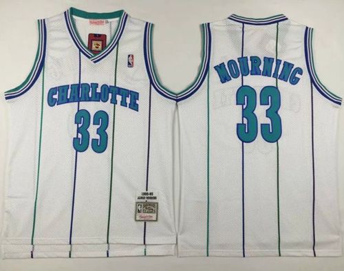 Men Charlotte Hornets #33 Alonzo Mourning White Throwback Stitched NBA Jersey